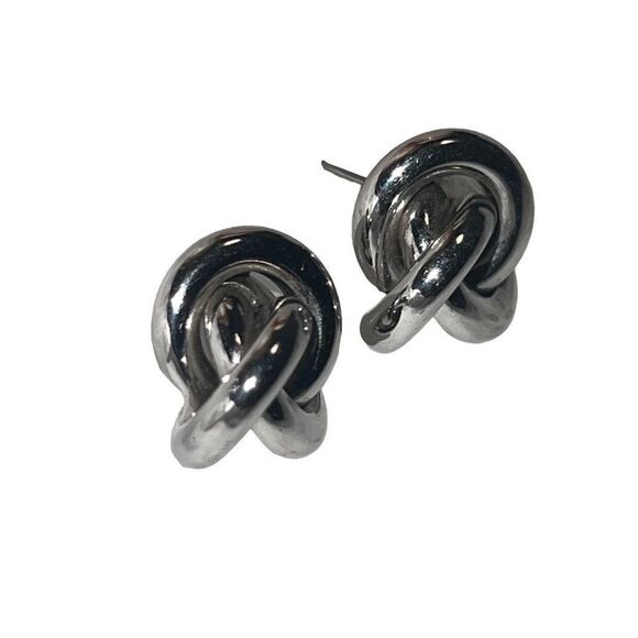 Vintage Knot Puffed Polished Swirl Silver Tone Post Back Stud Earrings - Picture 5 of 5
